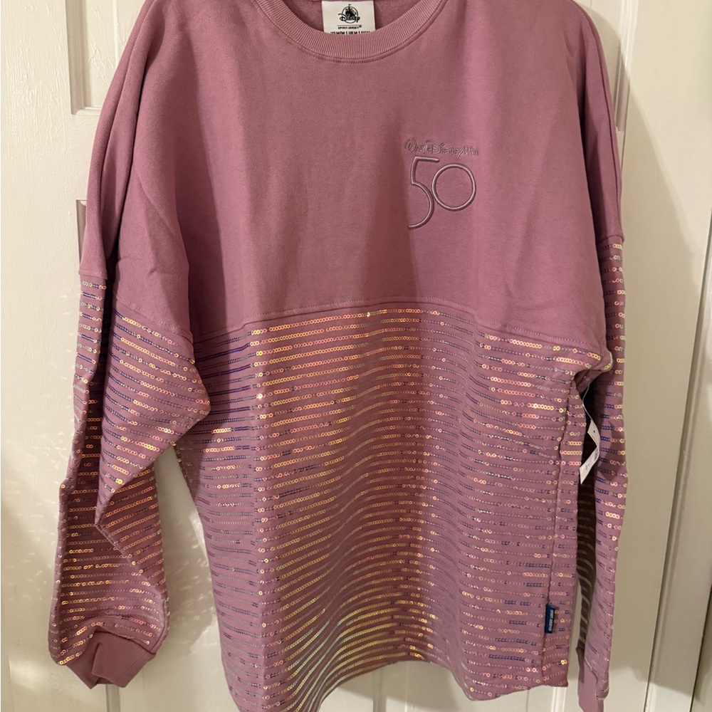 NWT Disney Parks Exclusive 50th Anniversary Purple and Gold Sequin Spirit Jersey